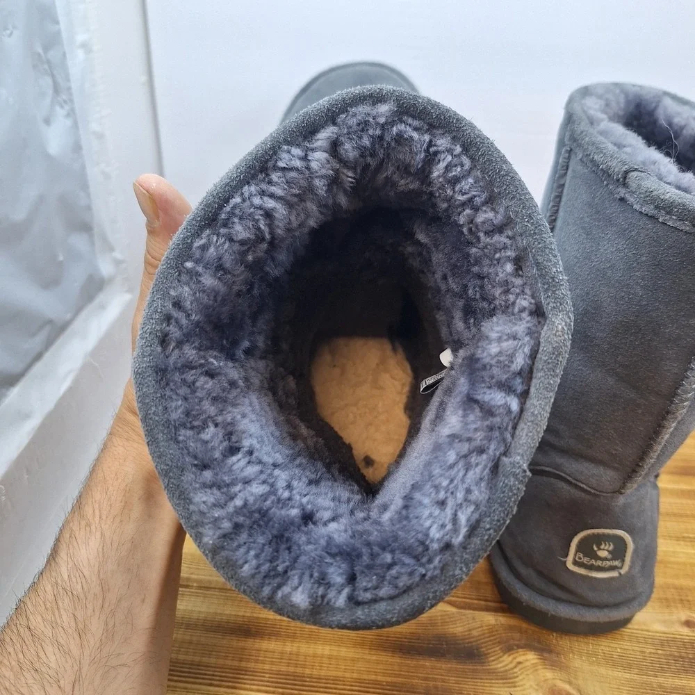 Bearpaw Emma Boots Womens 11 Charcoal Suede Sheepskin Lined Mid Calf Winter